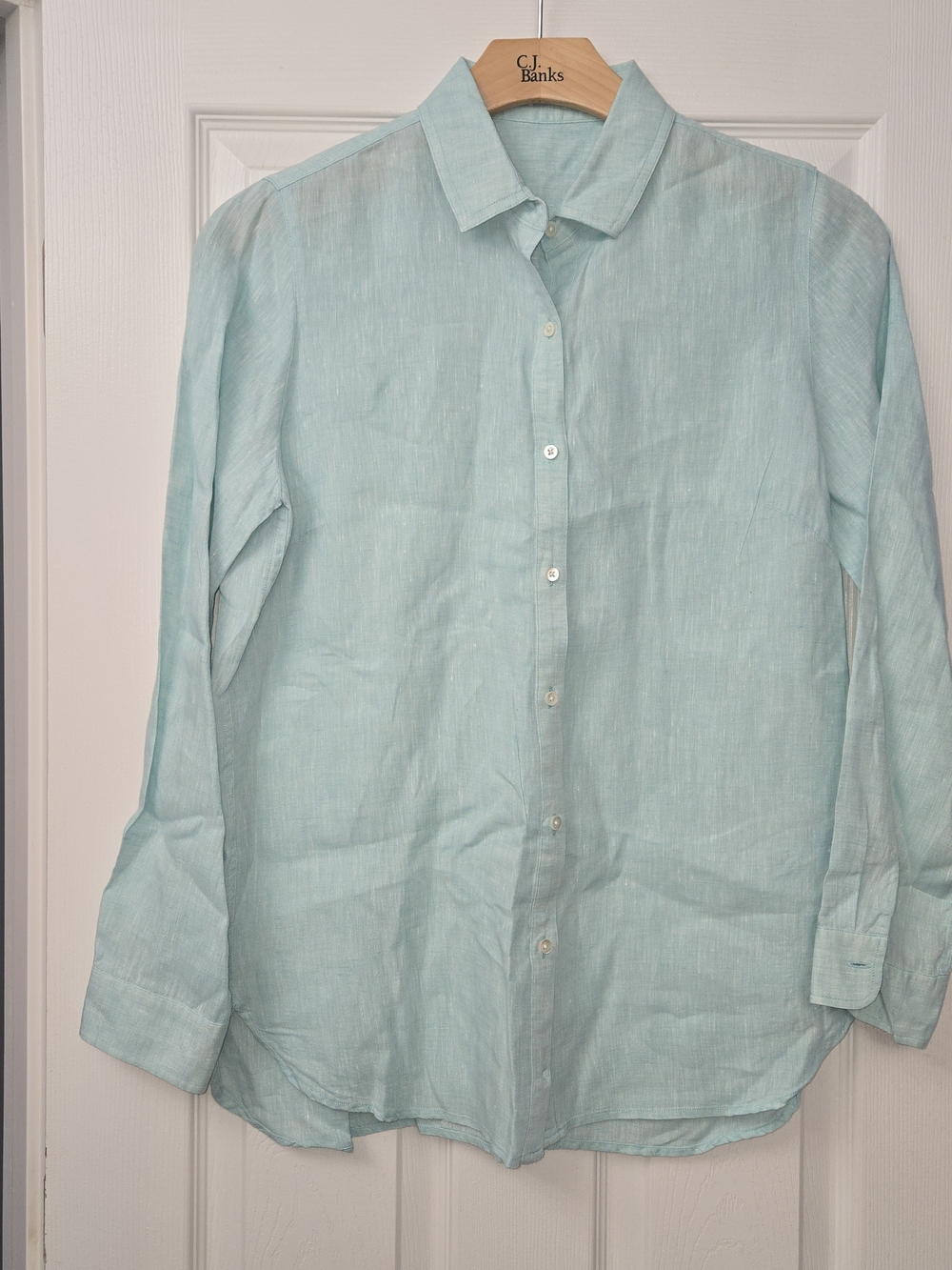 J.McLaughlin Size M Light Blue Mint Green 100% Linen Long Sleeve Button Down